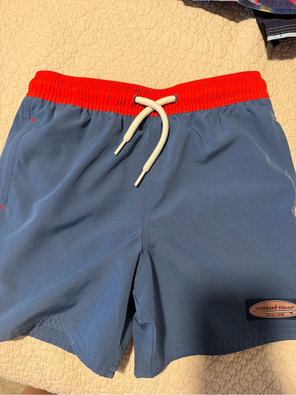 Vineyard Vines Blue Swim Trunks with Red Waistband and White Drawstring
